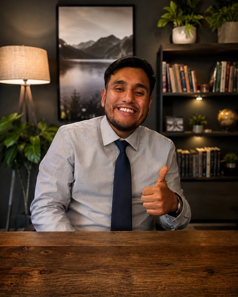 Andy Navarro smiling and giving a thumbs up at his desk