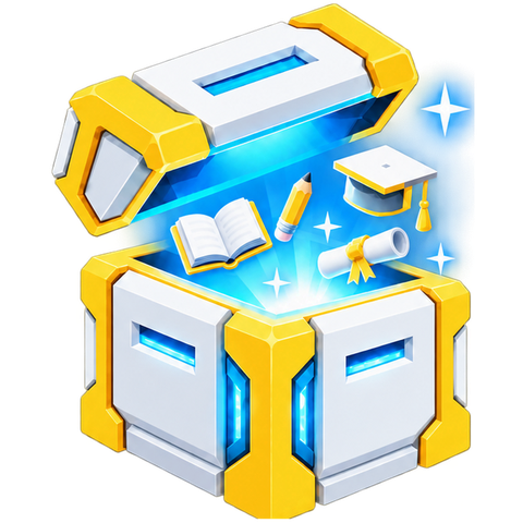 An open LootDrop crate with a book, pencil, diploma and graduation cap