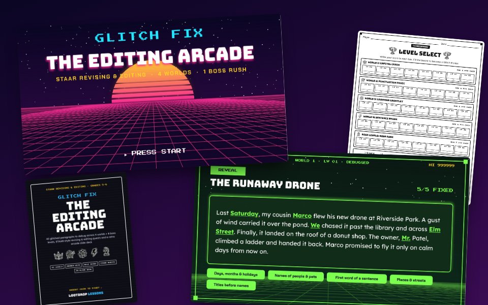 Glitch Fix: The Editing Arcade · 40 Fix-It Paragraphs for STAAR Revising & Editing