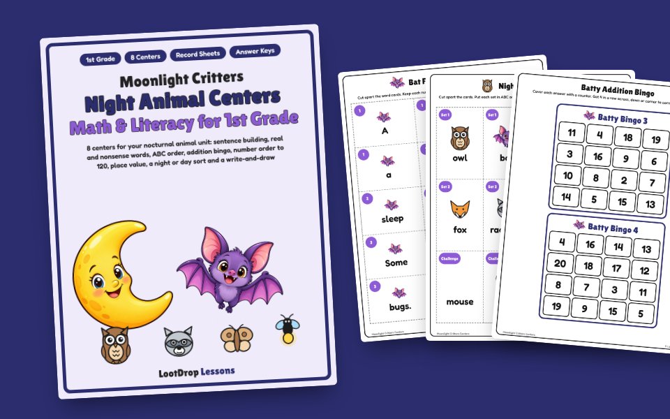 Moonlight Critters: Night Animal Math & Literacy Centers